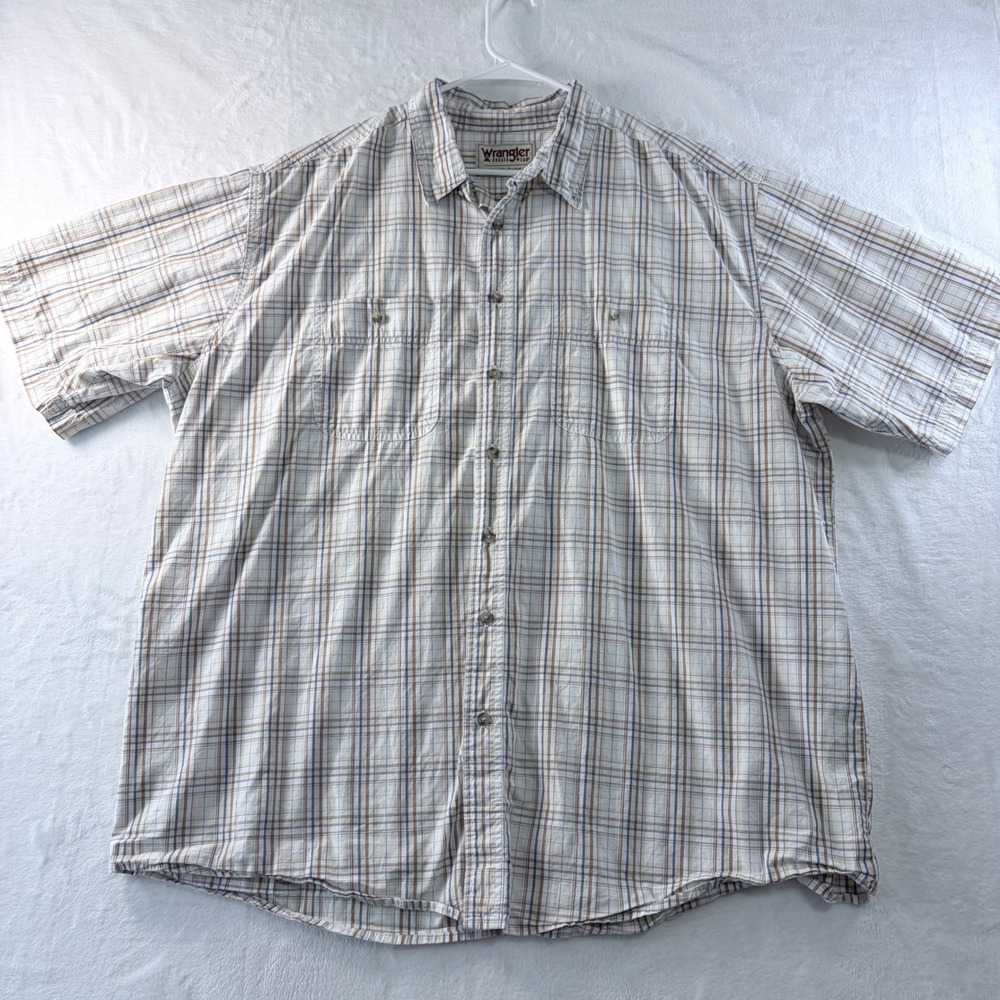 Wrangler Rugged Wear Plaid Button Down Shirt Tan Blue‎ Short Sleeve 2XL